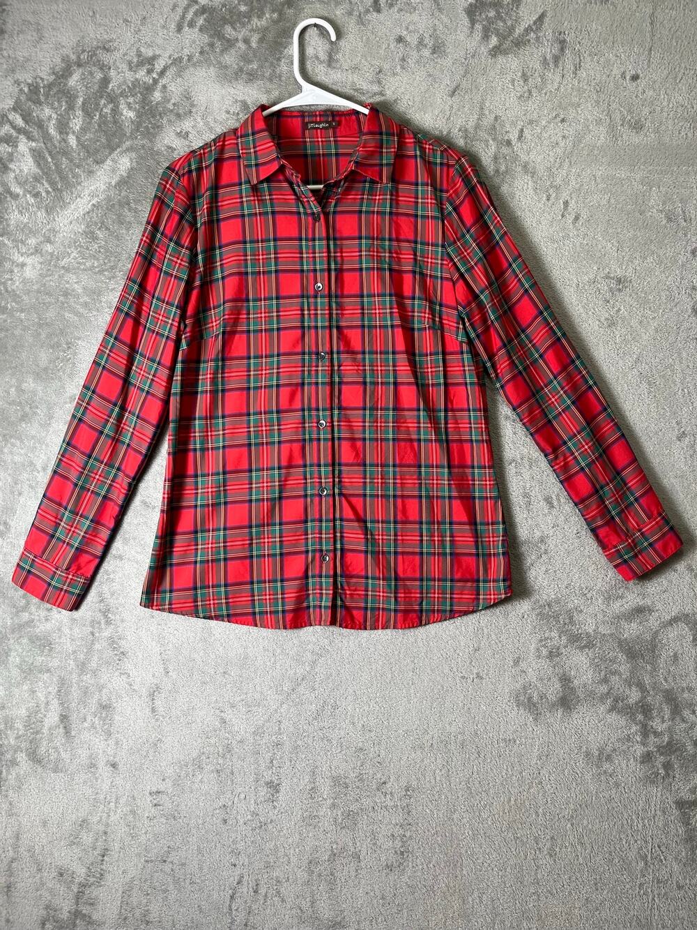 J.McLaughlin Red Tartan Plaid Button Front Long Sleeve Classic Preppy Shirt S